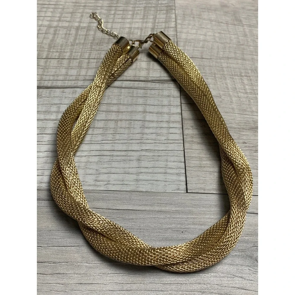 Gold Tone Mesh Twisted Multi Strand Statement Necklace 15 Inch Adjustable